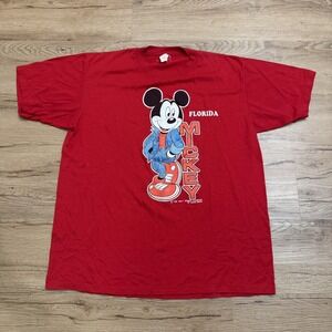 Vintage 80's Walt Disney Mickey Mouse Velva Sheen Florida Red Shirt Size XL